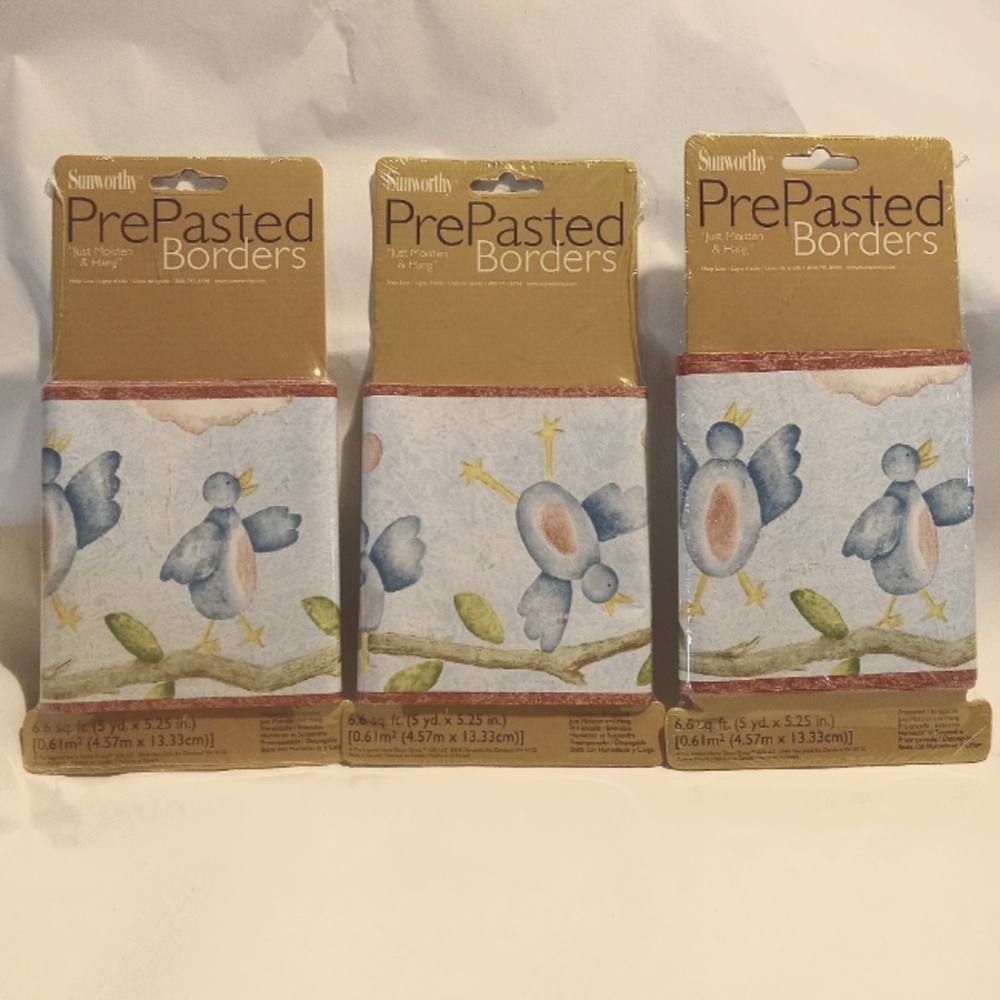 LOT OF 3 Sunworthy Blue Birds Prepasted  Borders 5Yd X 5.25” Each NEW SEALED